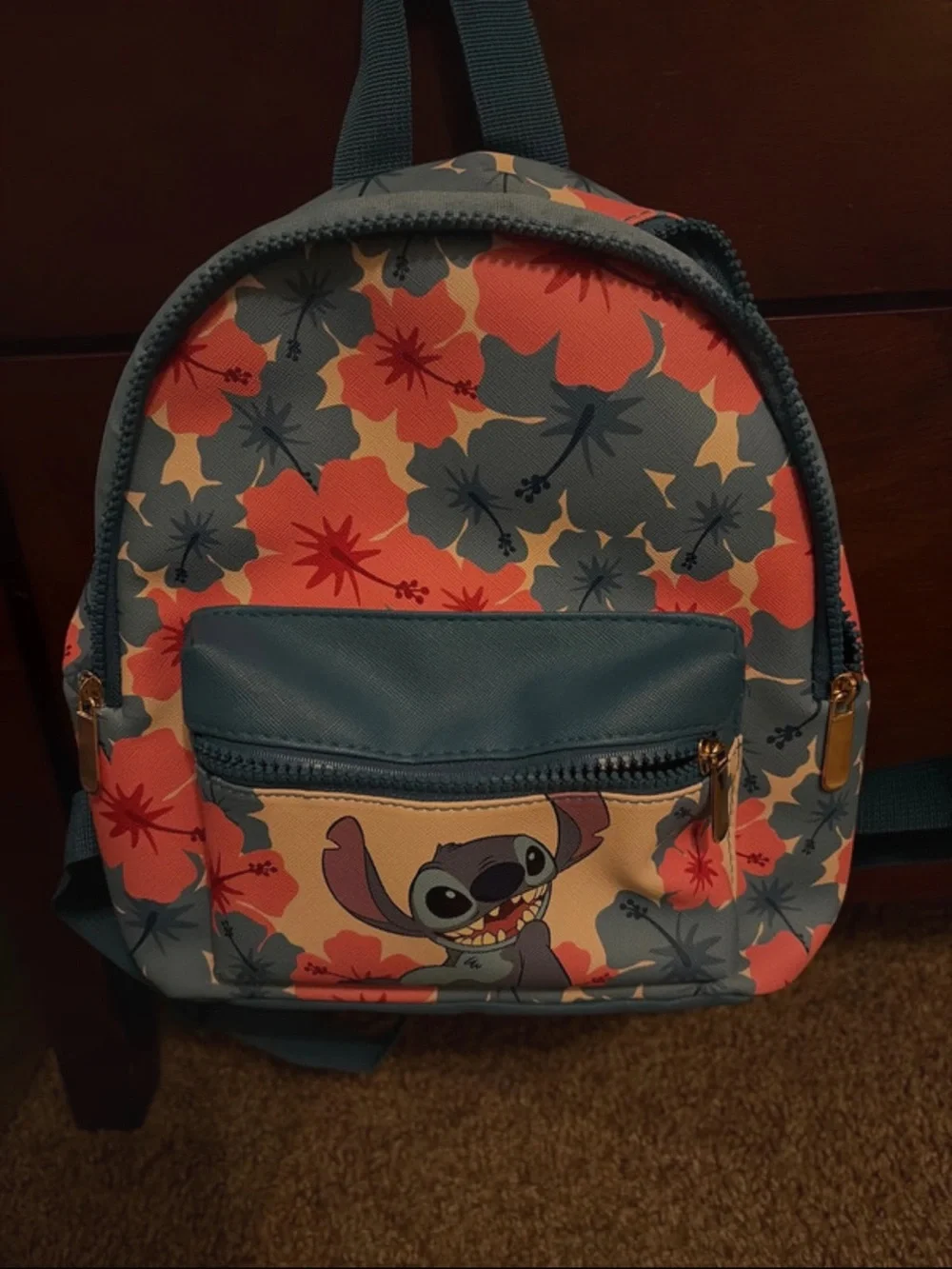 Floral Blue and Coral Kids Backpack with Character Front Pocket